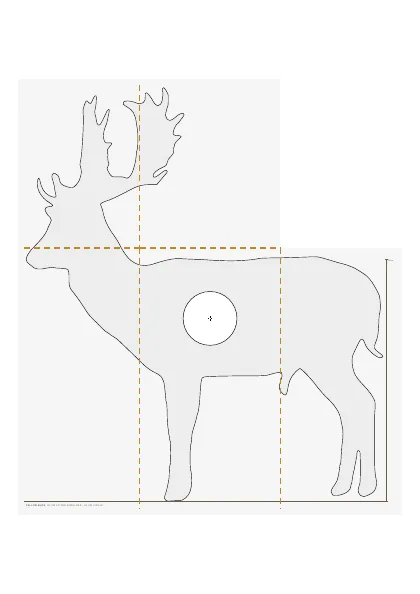 A fallow buck in grey, a quarter of life size, his heart and lungs marked by a white circle, with dashed lines where five sheets join