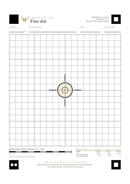 The fine dot: a small dot inside two rings, with four short ticks on the crosshair lines, on a 1 cm grid