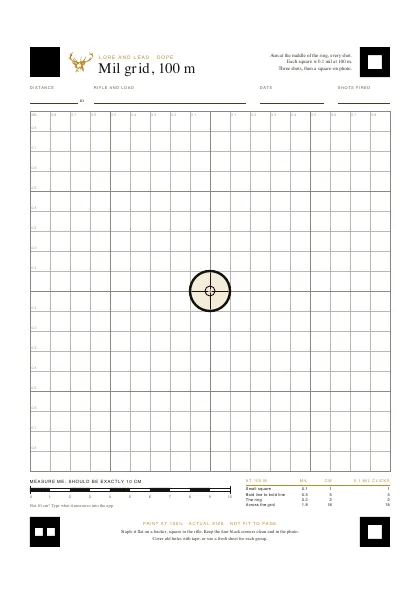Mil grid for 100 m: 1 cm squares marked in tenths of a mil, with a ring in the middle