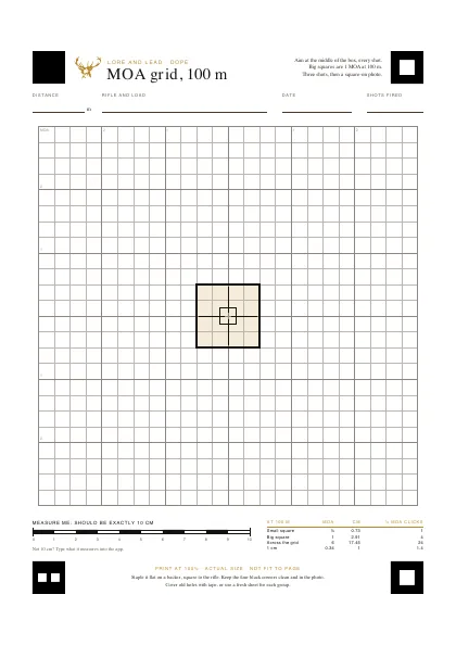 MOA grid for 100 m: squares of 1 MOA split into quarters, with a 1 MOA aiming box in the middle