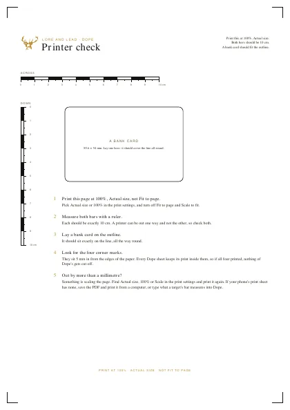 The printer check: a 10 cm bar across and one down, the outline of a bank card and a mark in each corner of the page