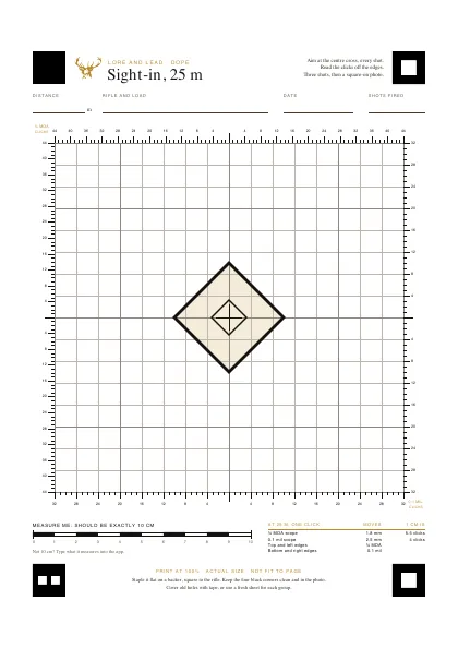 Sight-in at 25 m: a diamond on a 1 cm grid with click rulers along all four edges