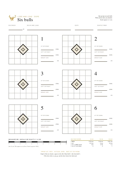 Six bulls: six small diamonds on patches of 1 cm grid, each numbered, with lines to write the clicks dialled