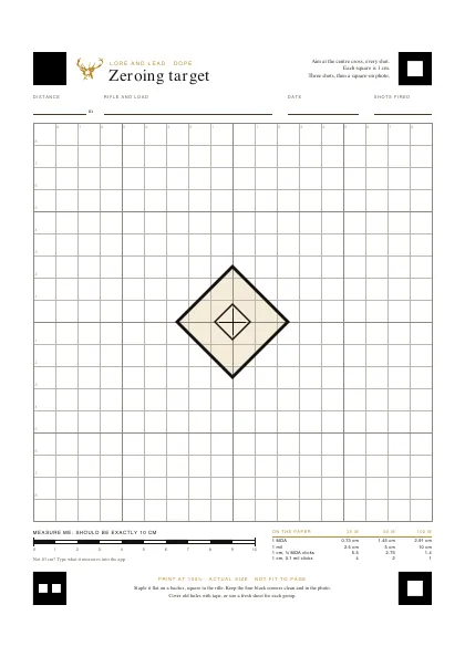 The zeroing target: a hollow diamond on a 1 cm grid, a black square in each corner and a 10 cm bar along the bottom