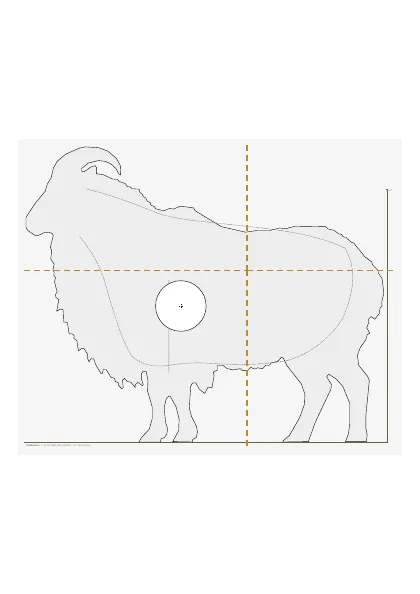 A tahr bull in grey, a quarter of life size, his heart and lungs marked by a white circle, with dashed lines where four sheets join