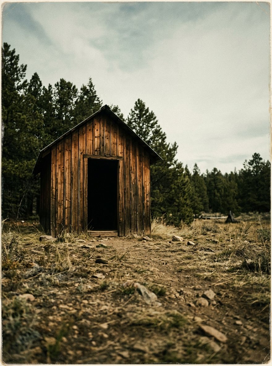 A rough timber hut in the bush at night