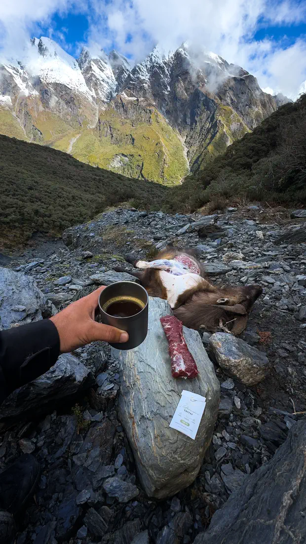 A skinned tahr on the rocks with a backstrap laid out and a coffee in hand