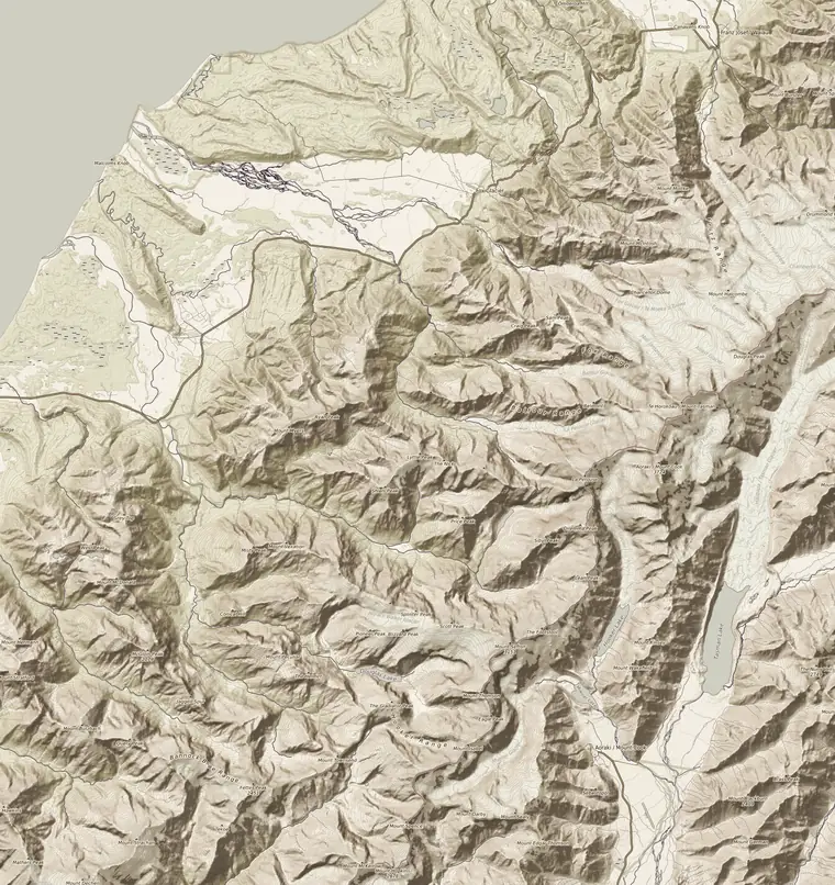 Topographic map of the West Coast around Fox Glacier, from the Tasman Sea to the Main Divide