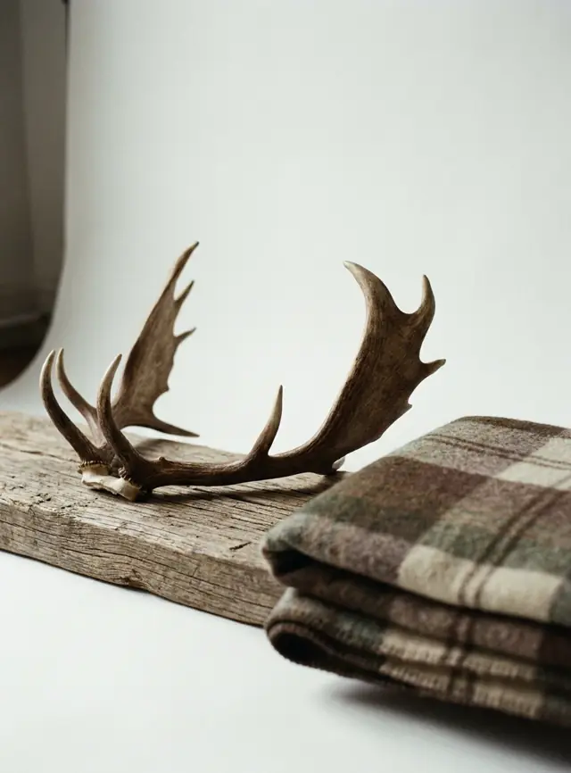 A pair of fallow antlers on a weathered board, palms up, with a folded tartan blanket beside them
