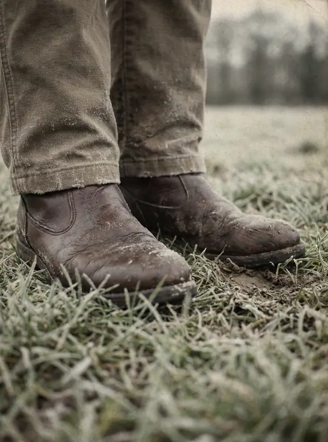 Worn leather boots standing in frosted grass at first light