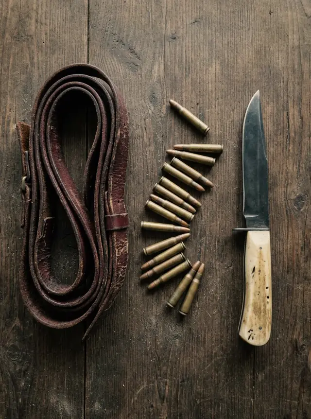 A leather rifle sling, a row of cartridges and a sheath knife with a bone handle laid on old timber