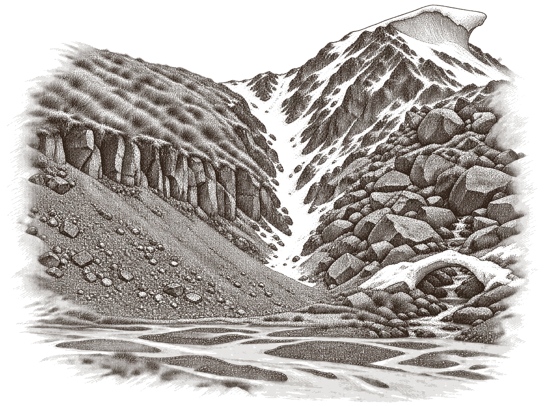 An engraved mountainside: a cornice on the ridge, a snow-filled gully, a tussock slope above a band of bluffs, a scree slope, a boulder field, a creek under a snow bridge, and a braided river below
