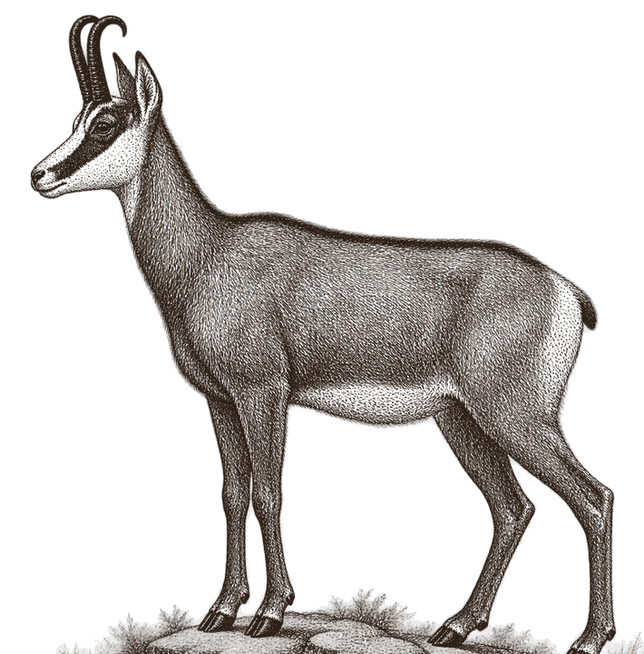 An engraving of a chamois buck in summer coat, standing side on and facing left