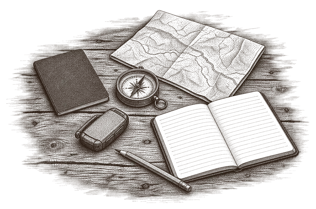 An engraving of a passport, a folded topographic map, a compass, a personal locator beacon, a pencil and an open notebook on a hut table