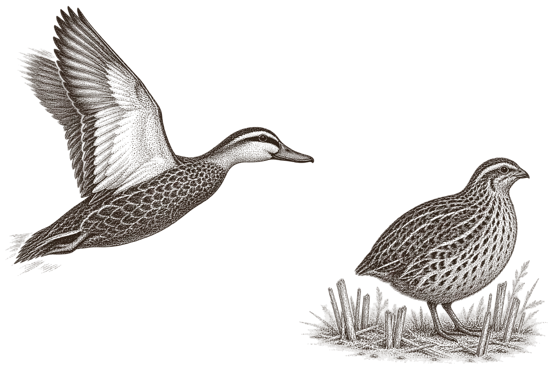An engraving of a Pacific black duck in flight beside a stubble quail standing in crop stubble