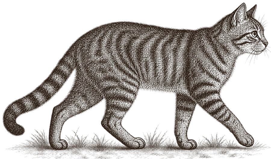An engraving of a striped feral cat walking, side on, long tail held low