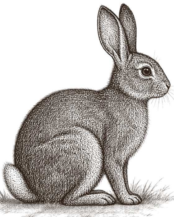 An engraving of a European rabbit sitting up, side on, ears raised