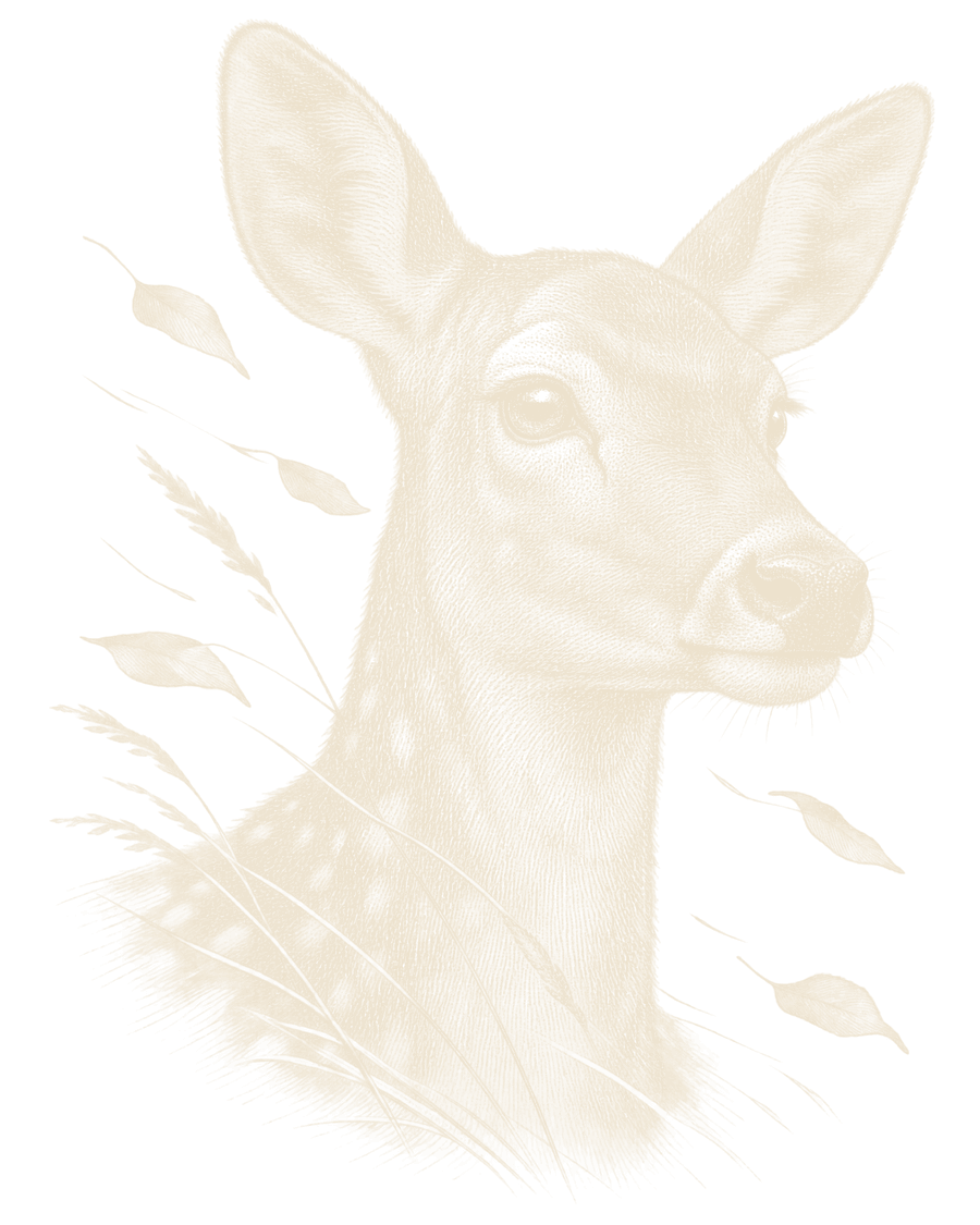 An engraving of a fallow doe's head and neck, ears up, with grass seed heads and leaves blowing past on the wind