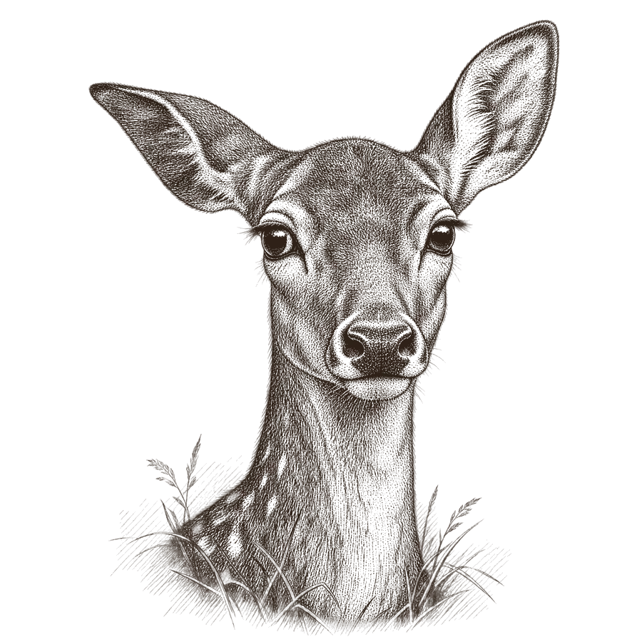 An engraving of a fallow doe's head from the front, one ear turned out to the side and the other pricked up