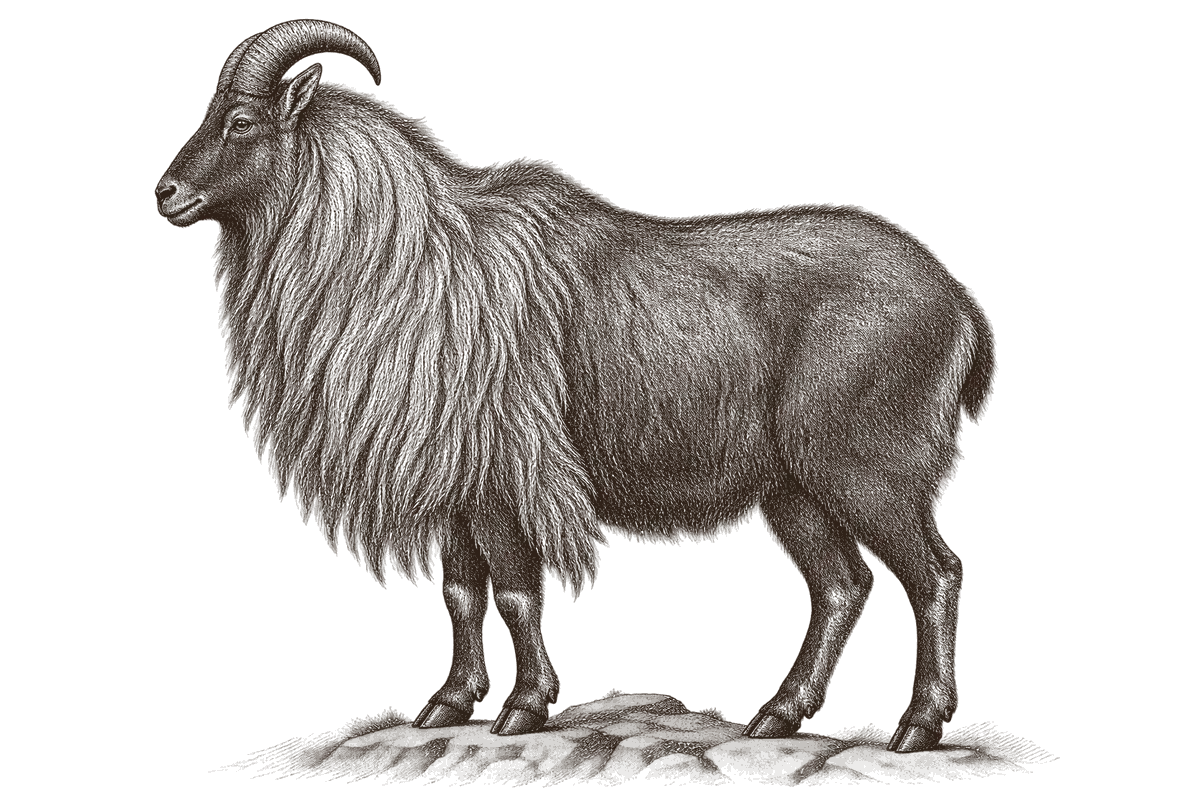 A bull tahr in his winter mane, broadside, with the line of his body under the hair and his vital zone marked