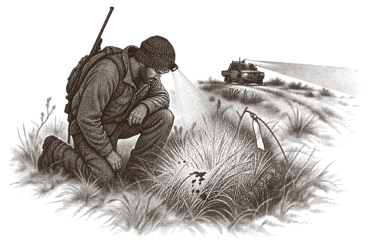 An engraving of a hunter at night kneeling in long grass, lit by his head torch, looking at drops of blood on a tussock beside a strip of flagging tape, with a ute and its spotlight beam in the distance behind him
