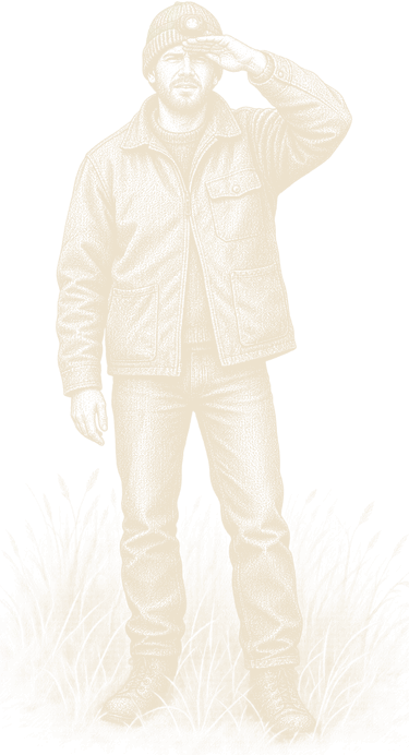 An engraving of a man in a beanie and head torch, standing in long grass and shading his eyes