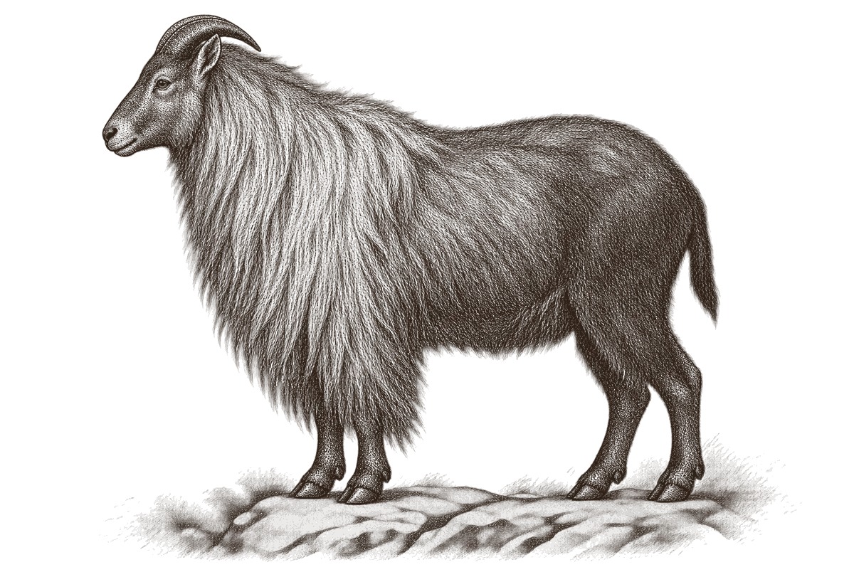 An engraving of a mature bull tahr in winter mane, standing side on and facing left