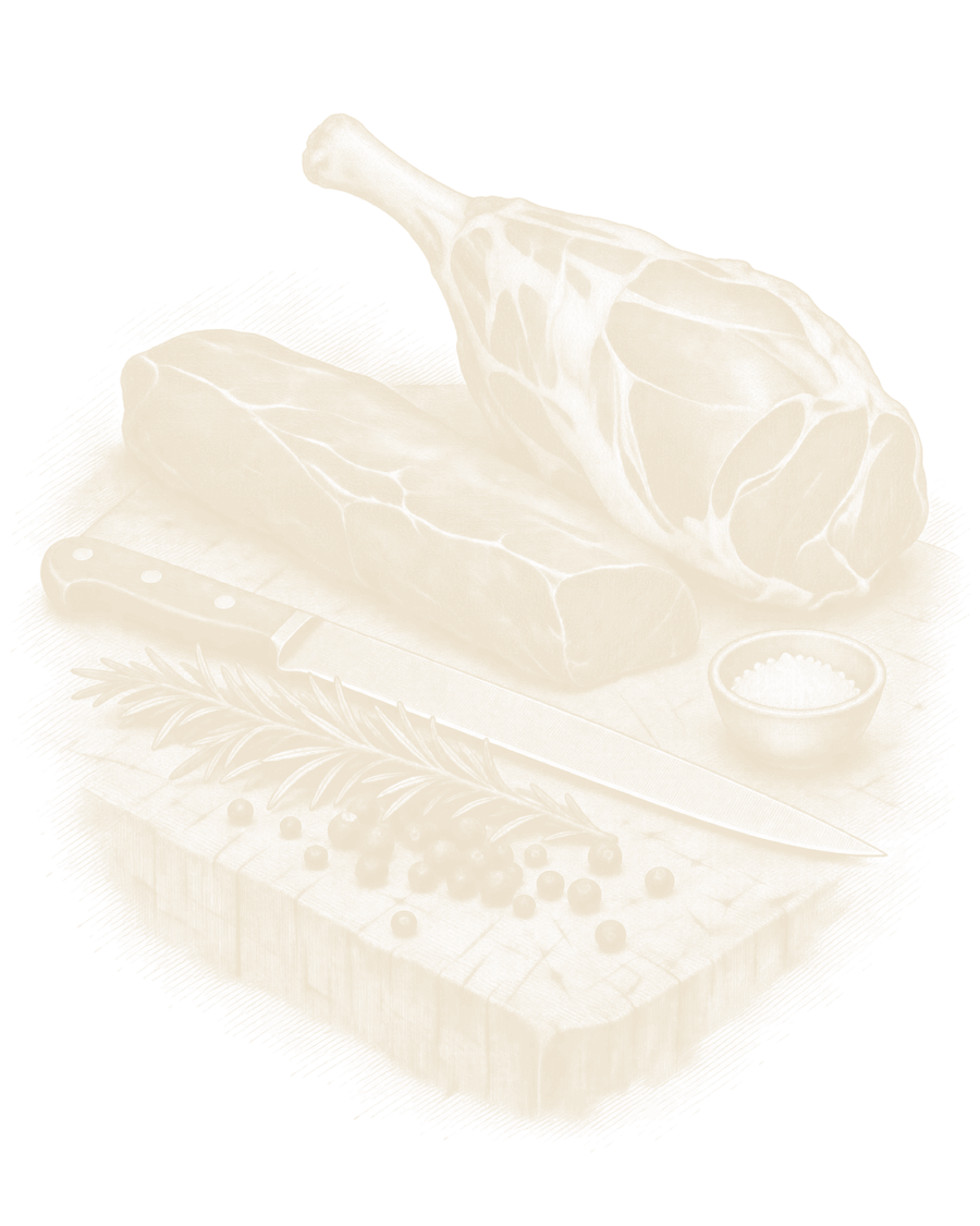An engraving of a haunch on the bone and a boned loin on a butcher's block, with a knife, a sprig of rosemary, juniper berries and a dish of salt