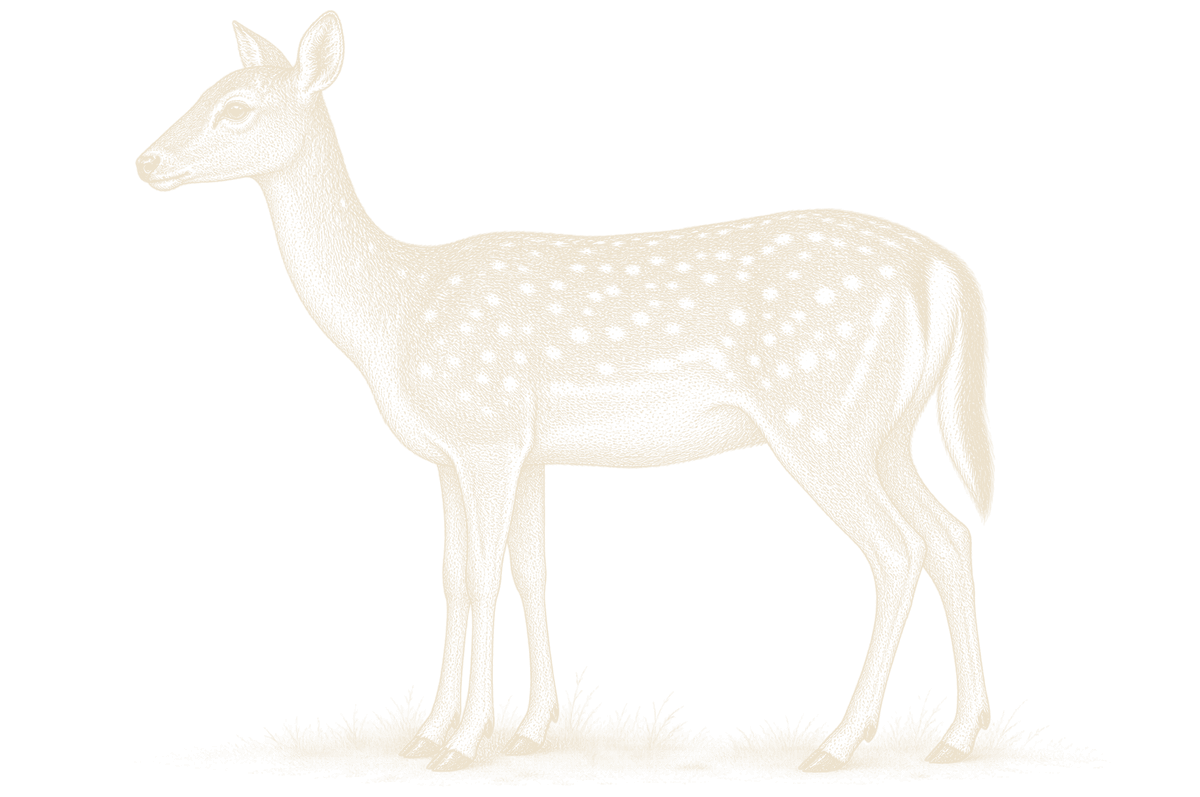 An engraving of a fallow doe in spring, slim-necked, with a smooth head
