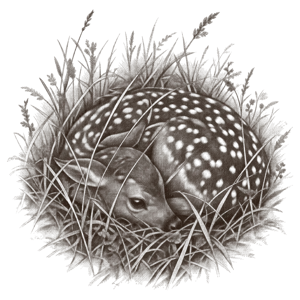 An engraving of a newborn fallow fawn lying curled and hidden in long grass