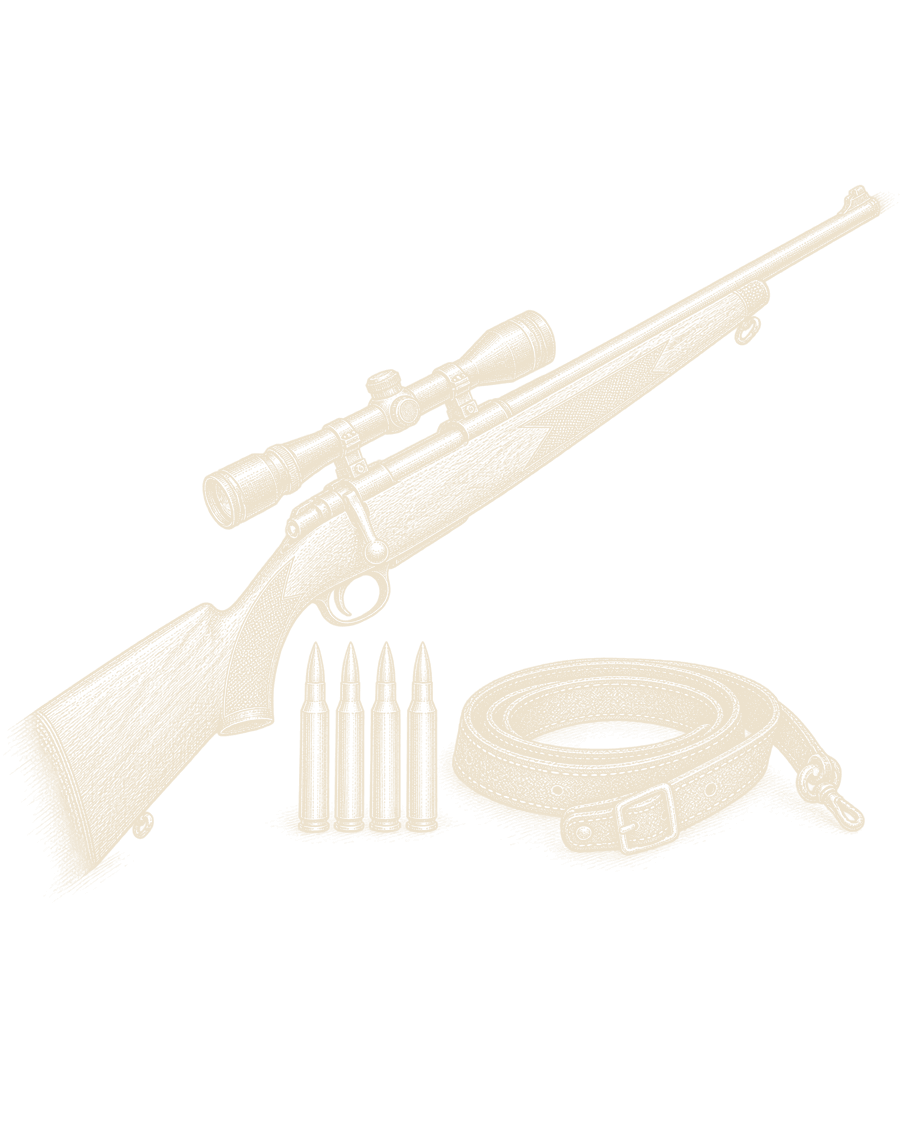 An engraving of a scoped bolt-action rifle lying on an angle, with four cartridges and a coiled leather sling beside it