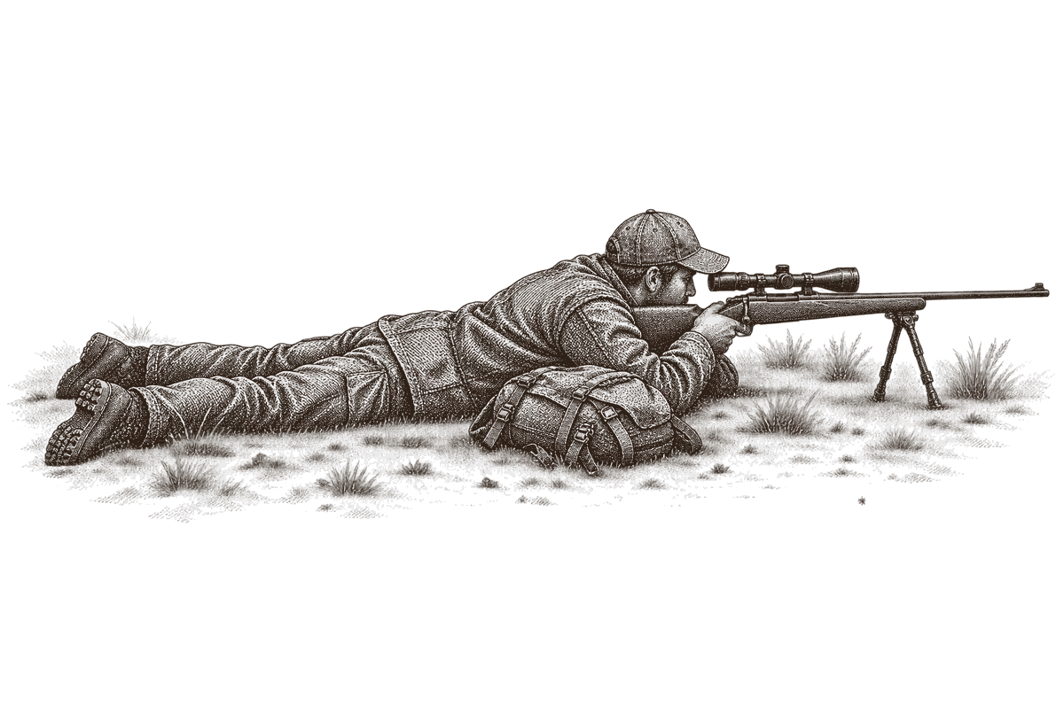 An engraving of a hunter lying prone on short grass behind a scoped rifle on a bipod, a daypack beside him, the rifle pointing away