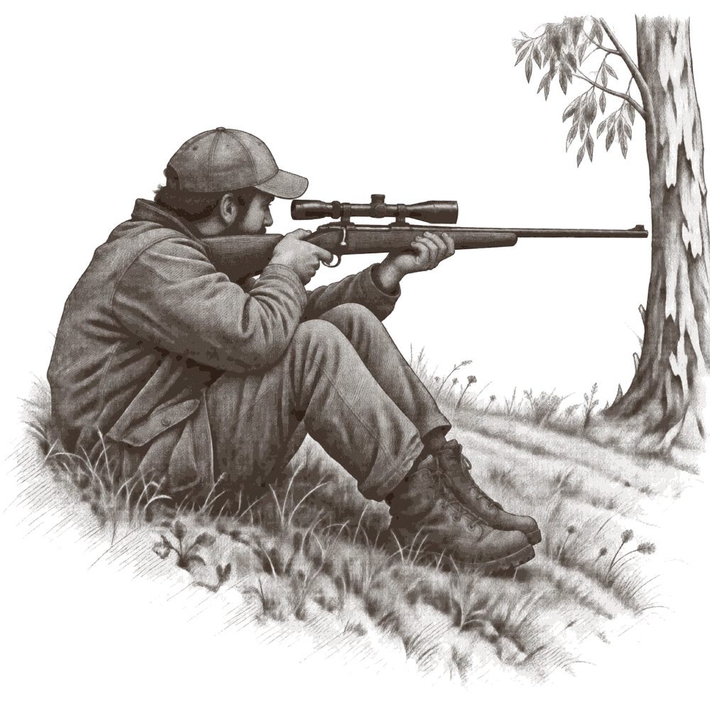 An engraving of a hunter sitting on a grassy slope with his knees up, aiming a scoped rifle with his arms braced on his knees