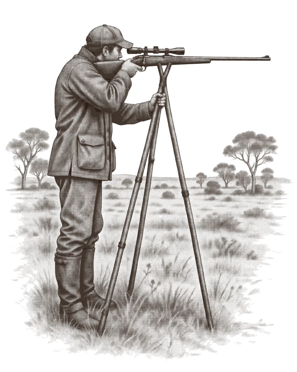 An engraving of a hunter standing behind tall three-legged shooting sticks with the rifle resting in the fork, open grassland behind
