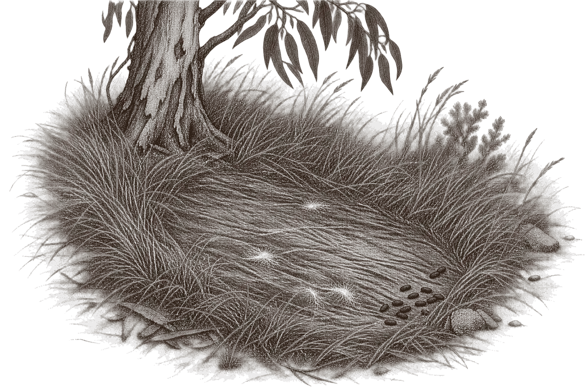An engraving of a deer's bed in tussock grass under a gum: flattened grass with tufts of hair and a few droppings