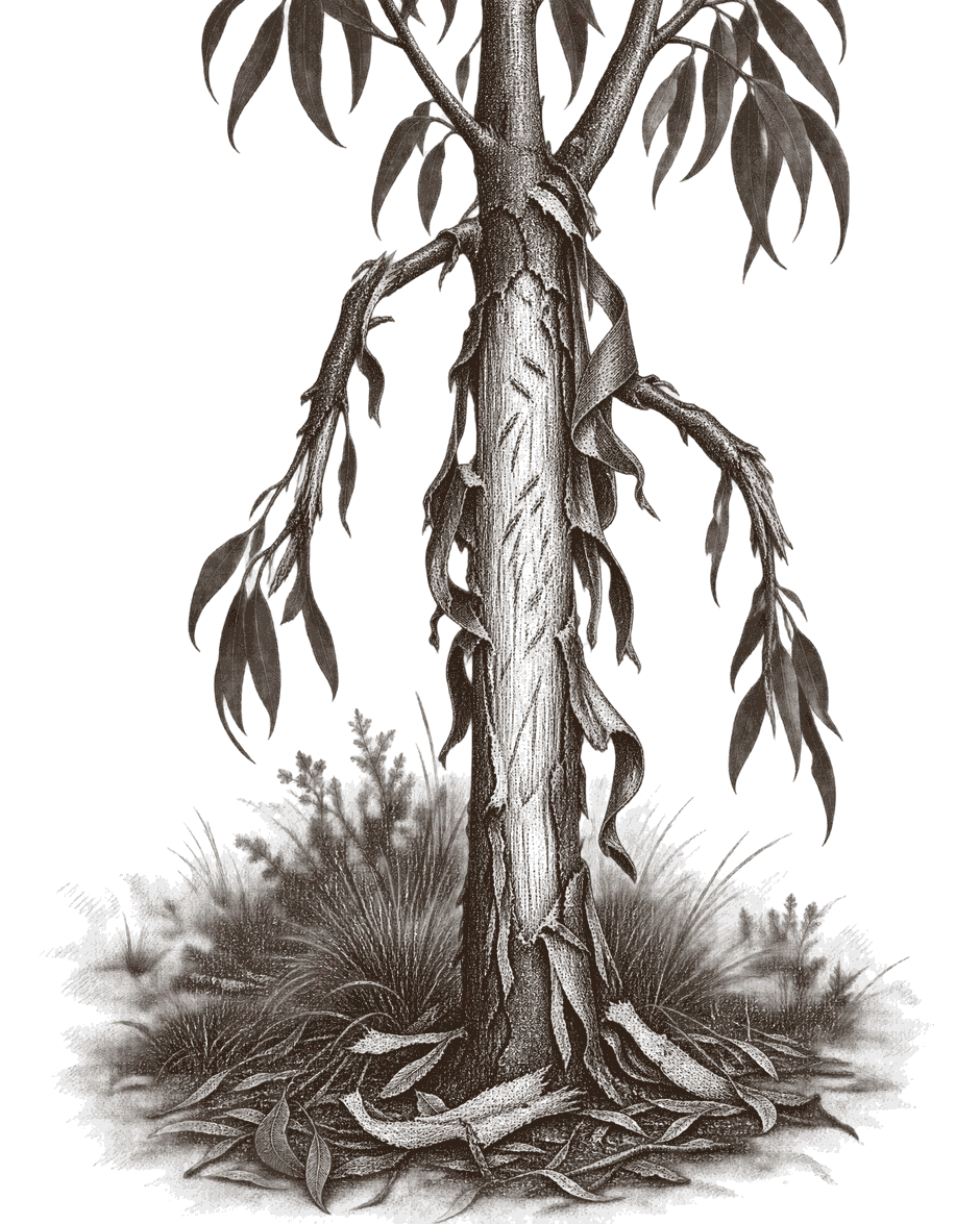 An engraving of a young eucalypt with its bark stripped off by a buck's antlers, hanging in ribbons, with snapped side branches