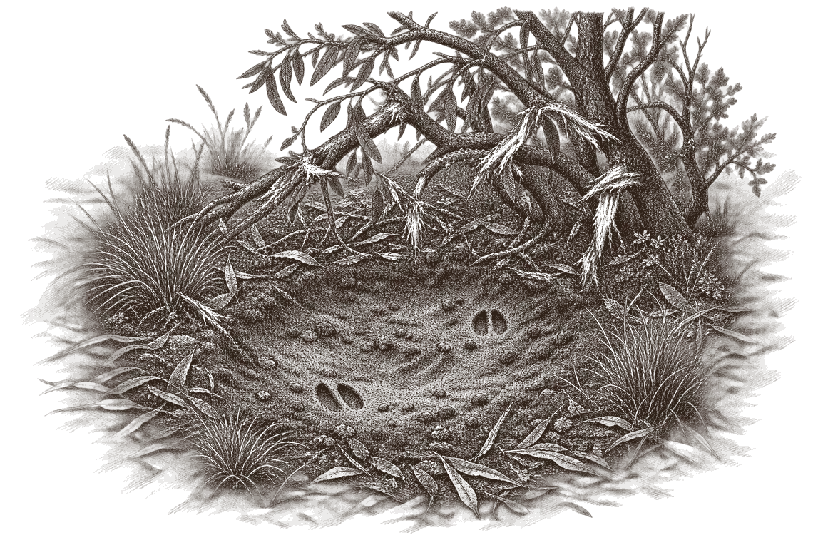 An engraving of a rutting scrape: an oval of pawed bare earth with hoof prints, under a bush with thrashed branches