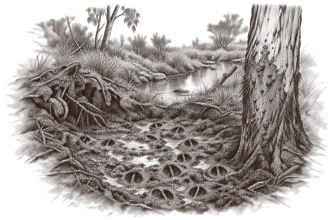 An engraving of a feral pig wallow beside a creek: churned mud full of rounded hoof prints, rooted-up ground and a mud-caked tree