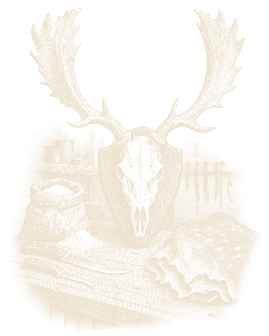 An engraving of a fallow buck's skull with palmed antlers mounted on a shield above a workbench, with a sack of salt, two knives and a spotted cape